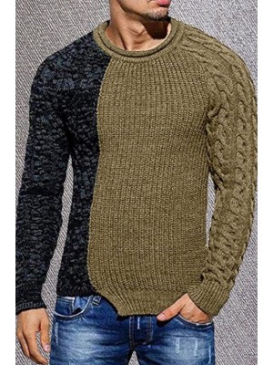 Men's Trend Color Matching Pullover Round Neckweed Sweater Slim Splicing Sweater