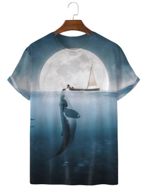 Men's Fashion Whale Crew Neck Print T-Shirt