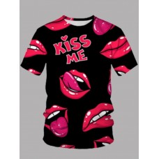 Casual Lip Letter Print Black Men T-shirt