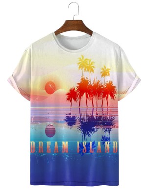 Men's Colorful Island Paradise Palm Tree Illustration Short Sleeve T-Shirt